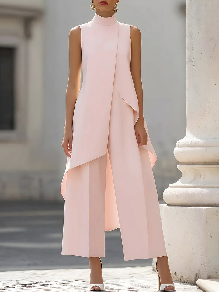 Elegant women's jumpsuit with high collar and asymmetrical cut