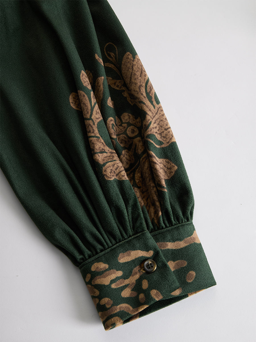 Retro Silhouette Printed Green Faux Suede Tassel Maxi Dress