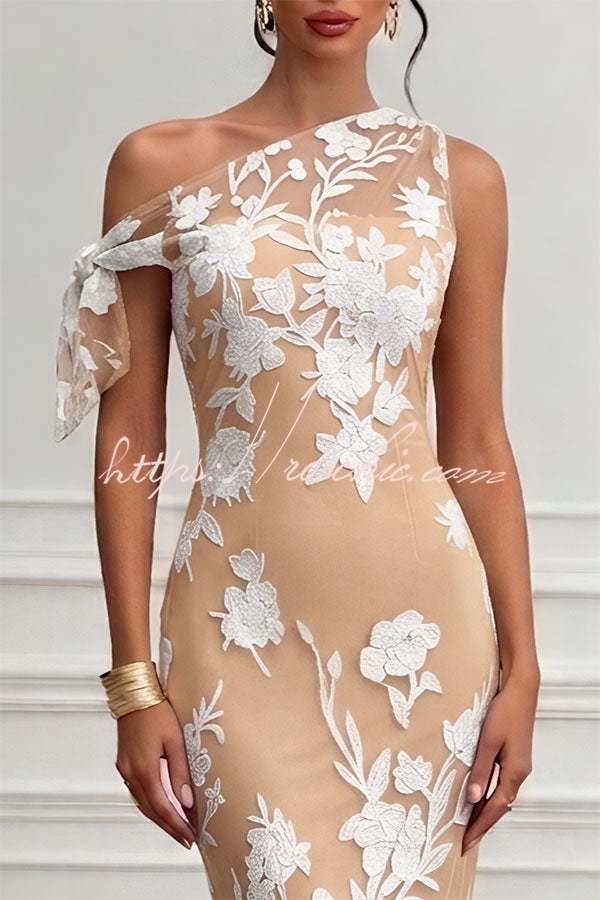 Kylen Floral Embroidery Bow Lace One Shoulder Sleeveless Sheath Maxi Dress