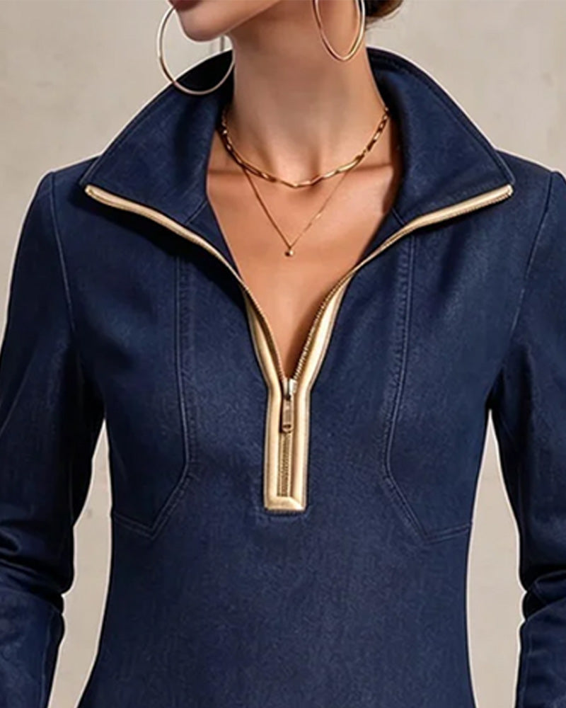 Short denim dress for women with zip collar and eyelets