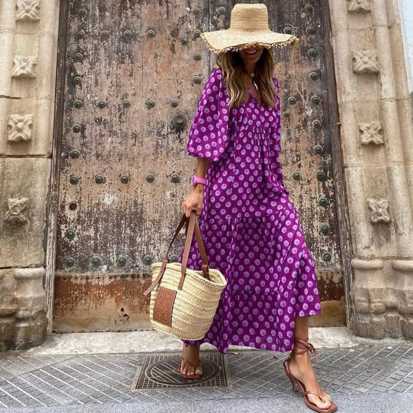 Aroa Boho Dress with Artistic Print and Flowing Silhouette - Elena Harper
