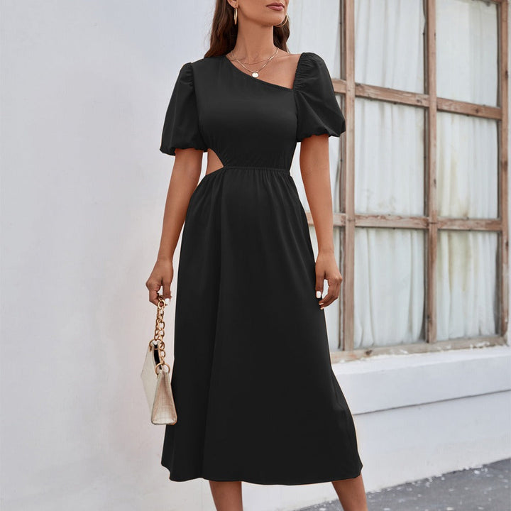 Women's midi dress with asymmetrical neckline in elegant style - Mariela