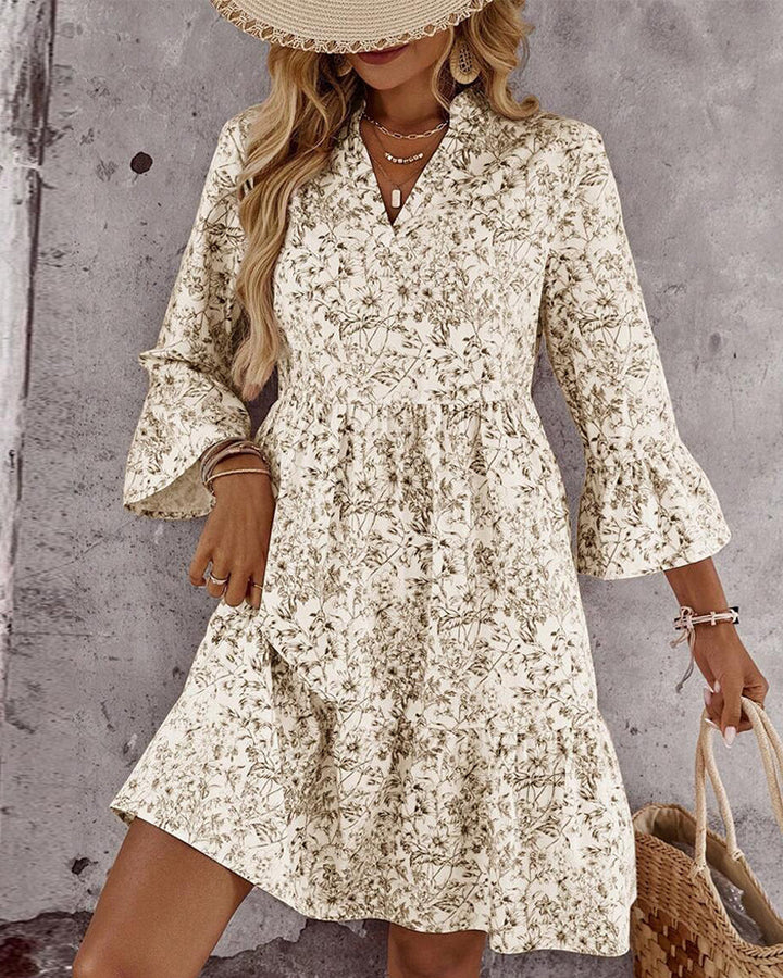 Spring Women's A-Line Dress with High Neck, Ruffled Sleeves, Floral Print - Elena Harper