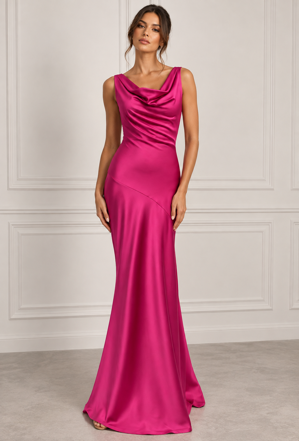 Women's Fuchsia Cowl Neck Maxi Wedding Guest Dress
