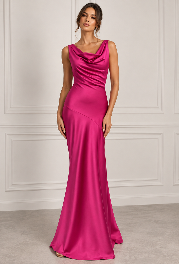 Women's Fuchsia Cowl Neck Maxi Wedding Guest Dress