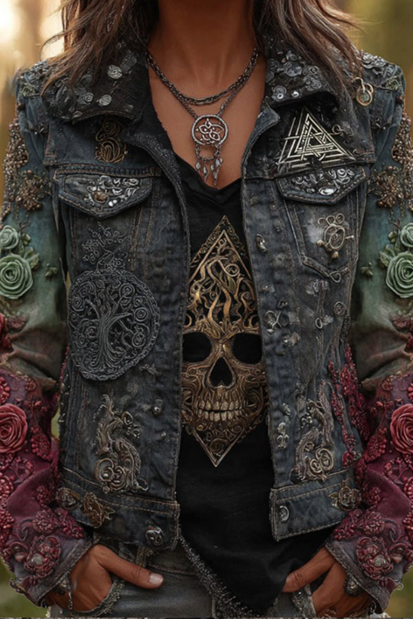 Unique Printed Lapel Long-sleeved Personalized Denim Jacket