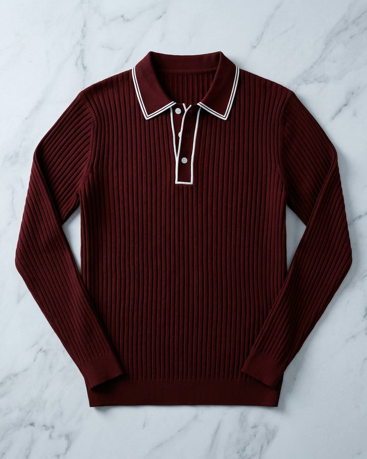 Knitted Ribbed Polo with Classic Collar for Men, view 8 - Elena Harper