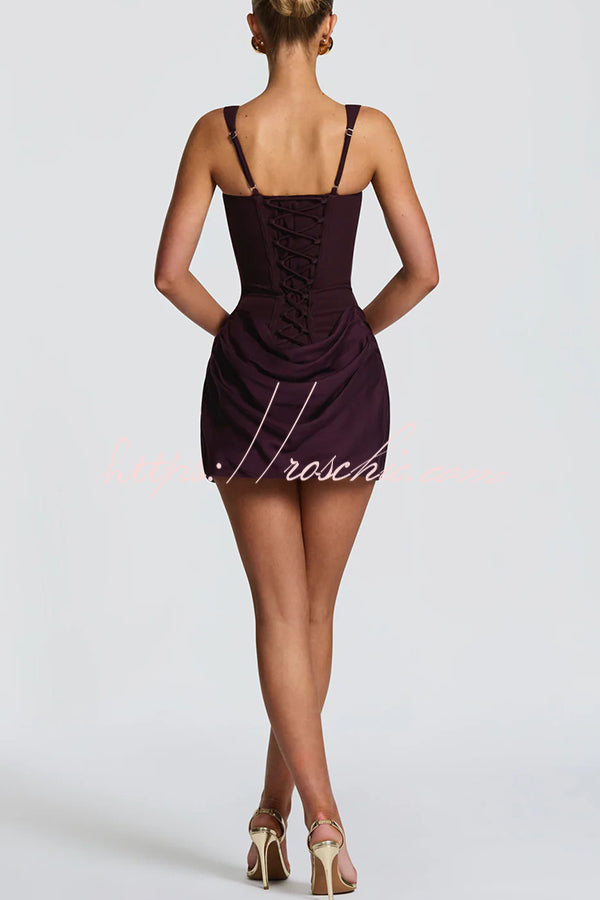 Cornelia Square Neck Back Lace-up Satin Drape Hem Mini Dress