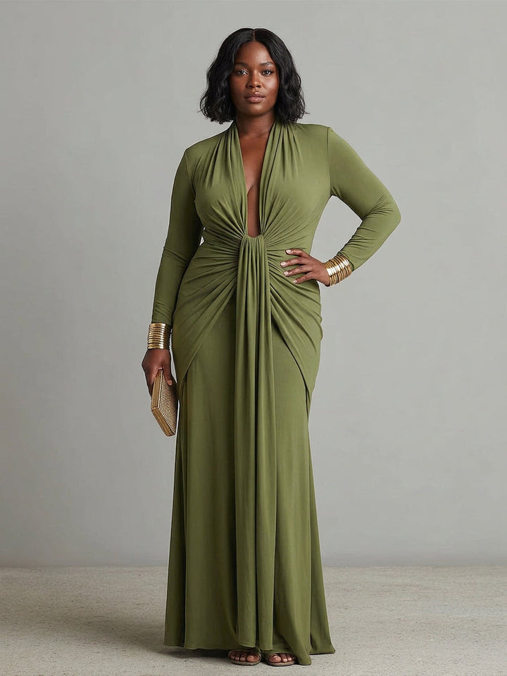 Petra Green Long Dress in Stretch Silk with Deep V-Neck and Ruffled Details, Glamour Maxi Dress, view 4 - Elena Harper