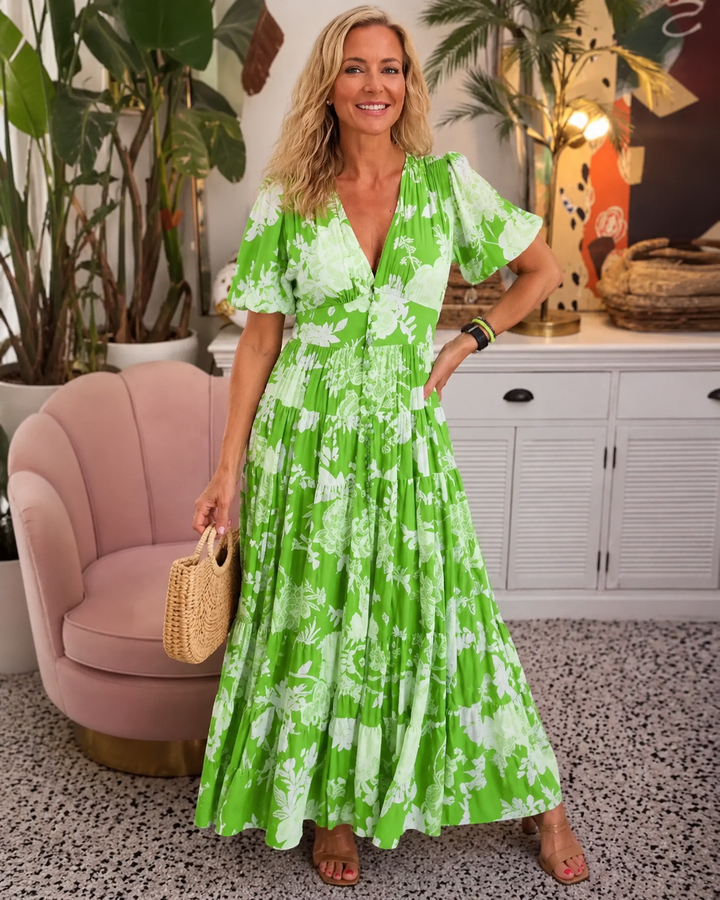 Minelda™ | Floral Midi Dress with V-Neck