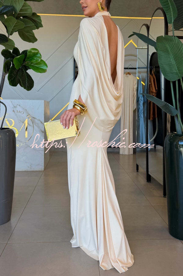Mermaid High Neck Cape Sleeve Drape Open Back Evening Gown Maxi Dress