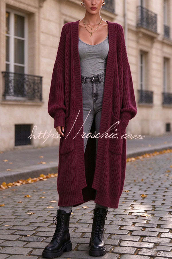 Trendy Thick Knit Open Front Long Sleeve Pocket Oversized Midi Cardigan