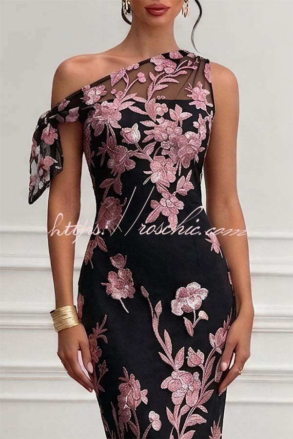 Kylen Floral Embroidery Bow Lace One Shoulder Sleeveless Sheath Maxi Dress