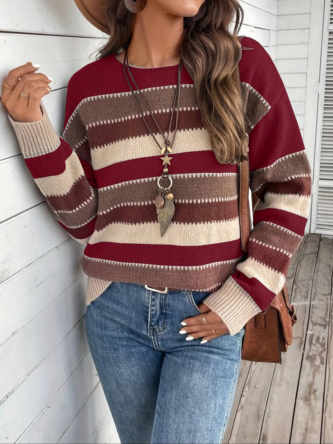 Women's Striped Knit Sweater with Round Neck