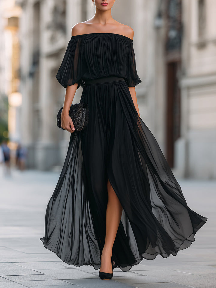 Women's Black Off-Shoulder Pleated Maxi Dress