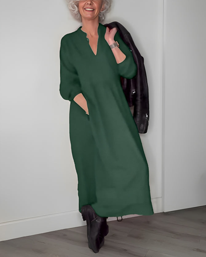 Ladies Long Dress with V-Neck and Long Sleeves