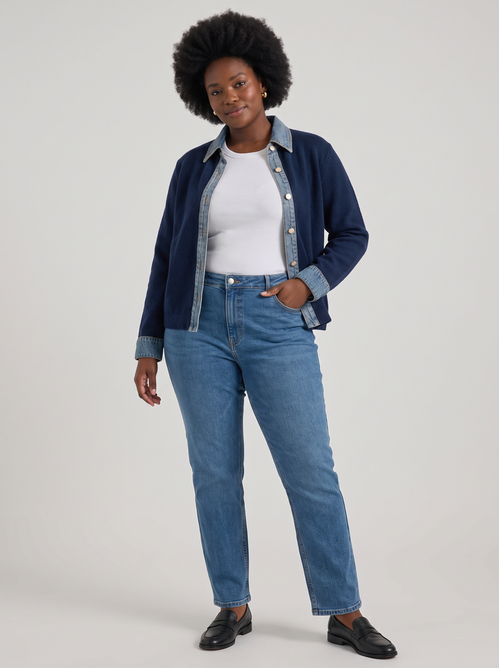 Navy Denim Collar Gold Button Cardigan