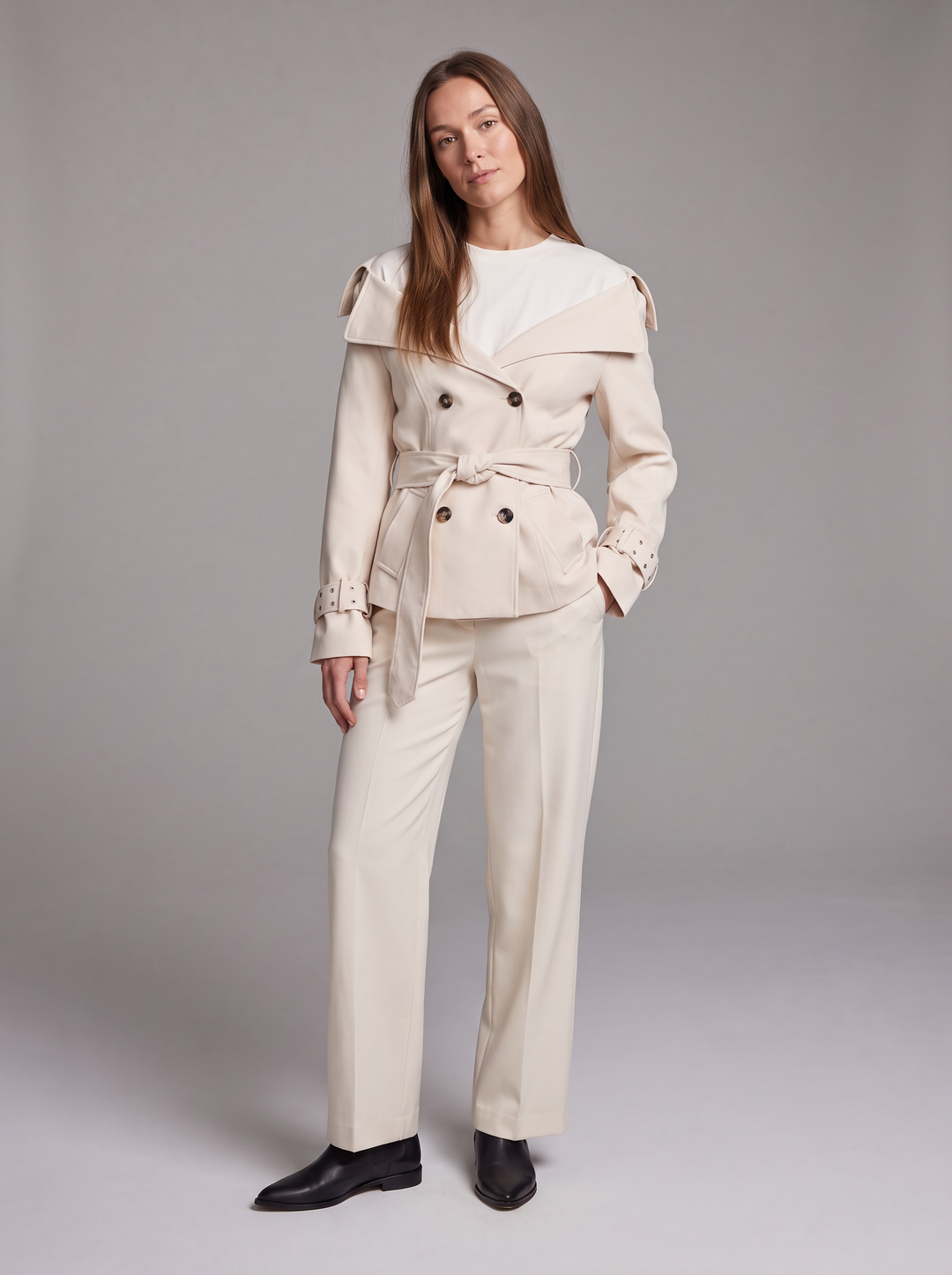 Beige Wide Collar Trench Coat Office Wear