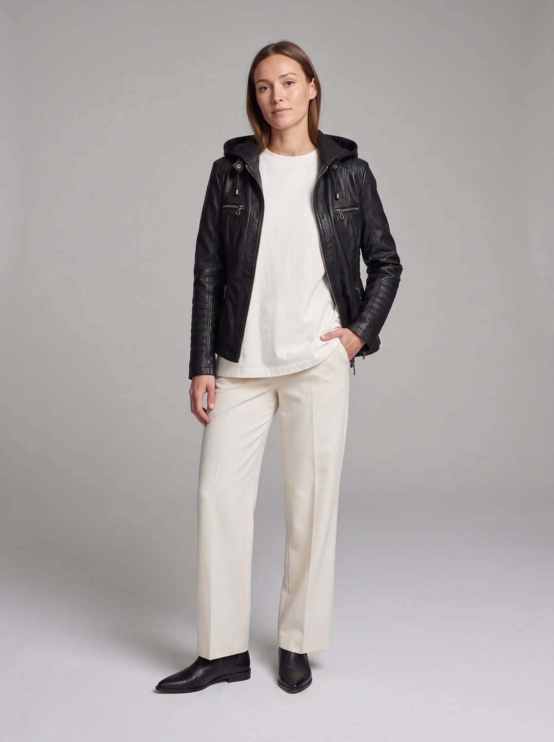 Faux Leather Hooded Zip Up Jacket