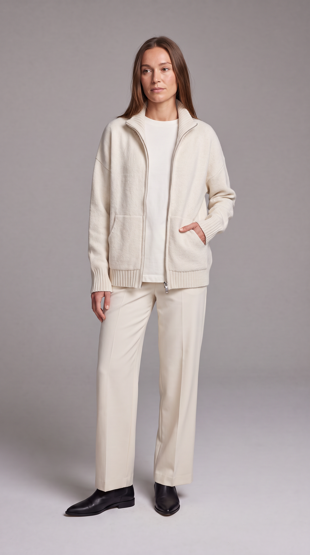 Cream High Neck Zip Cardigan