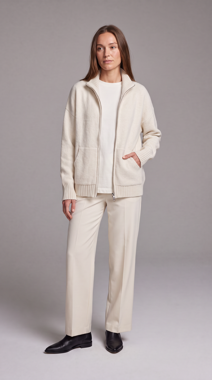 Cream High Neck Zip Cardigan