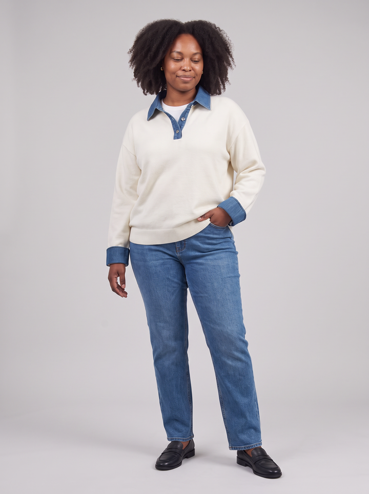 Denim Collar Gold Button Cardigan