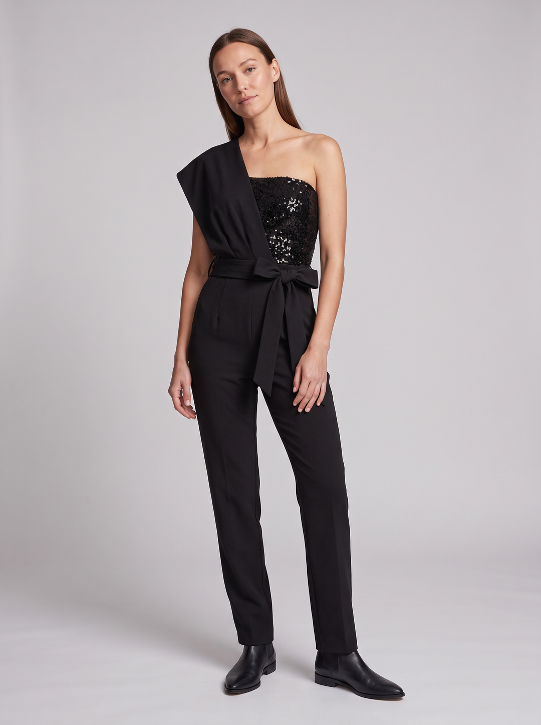 One Shoulder Textured Jumpsuit Evening Party