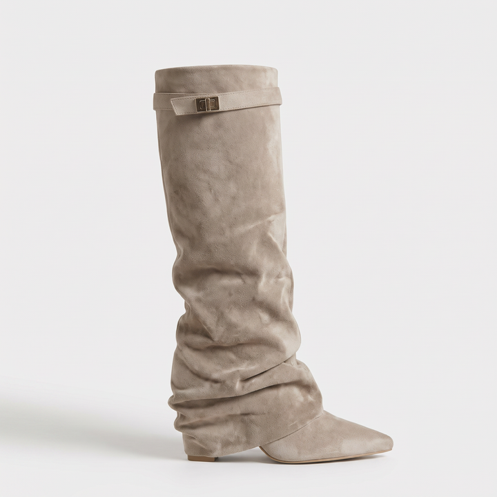 Beige Buckle Knee High Boots