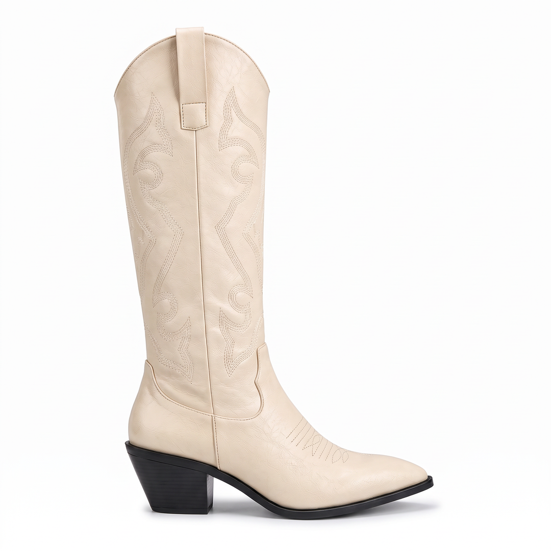 Beige Knee High Western Boots