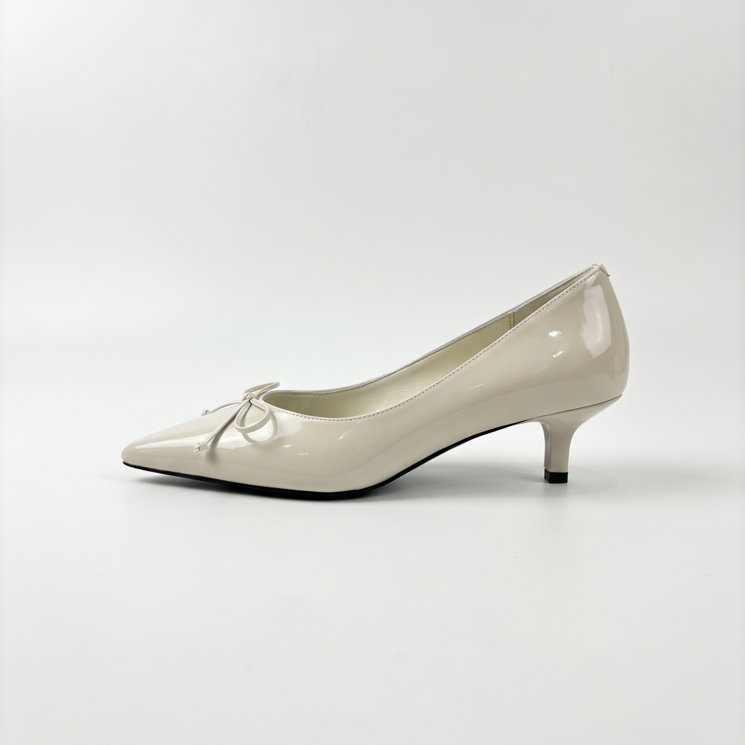 White Pointed Toe Bow Kitten Heels