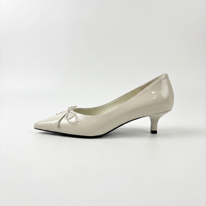 White Pointed Toe Bow Kitten Heels