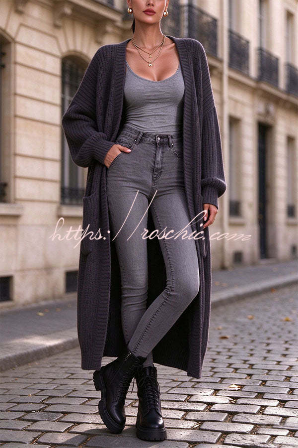 Trendy Thick Knit Open Front Long Sleeve Pocket Oversized Midi Cardigan