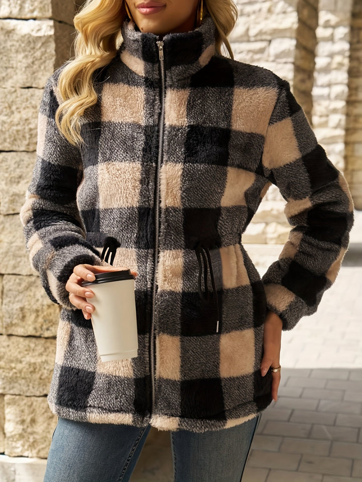 Women's Checkered Fleece Jacket with Hood and Zipper