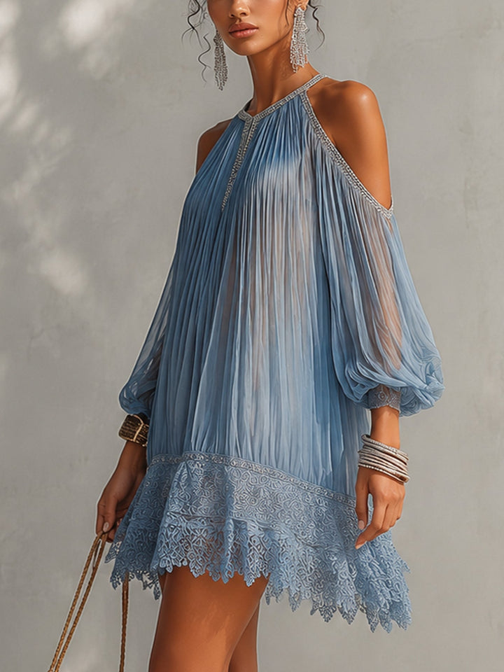 Celeste | Blue Mini Dress with Off-the-Shoulder Sleeves, Ruffled and Lace Hem