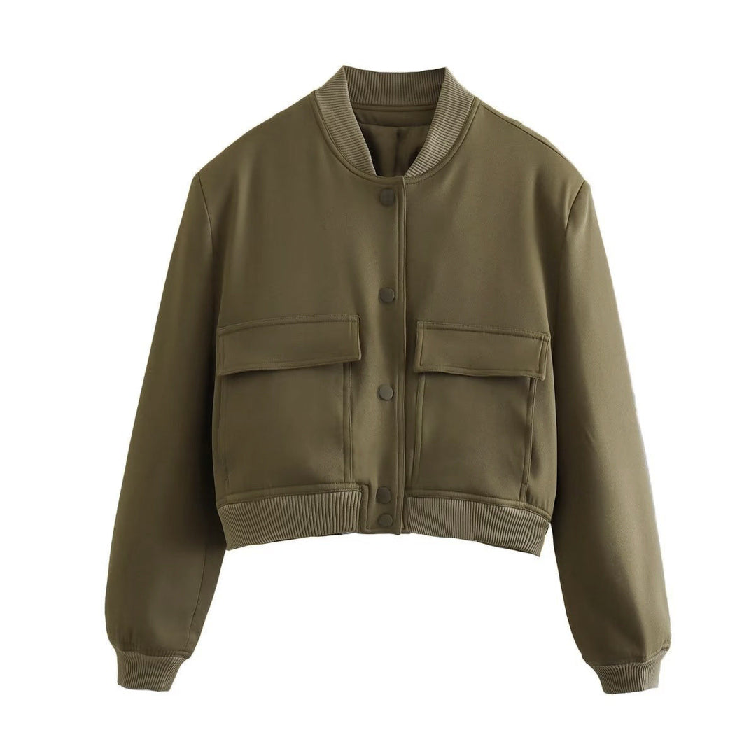 Women's Autumn Bomber Jacket with Front Pockets and Solid Color Design