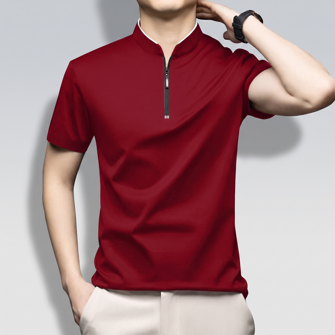 Emilian Modern Men's Cotton Polo Shirt with Half-Zip, view 5 - Elena Harper