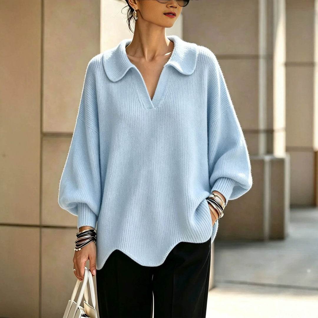 Women's V-Neck Sweater with Lantern Sleeves - Casual and Feminine