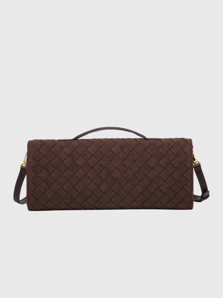 Cherry Luxury Suede Intrecciato Clutch, view 2 - Elena Harper