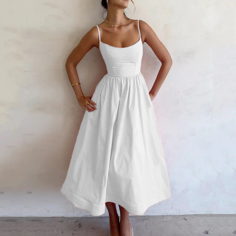 Women's Summer Solid Color Dress with Thin Straps and A-Line Skirt