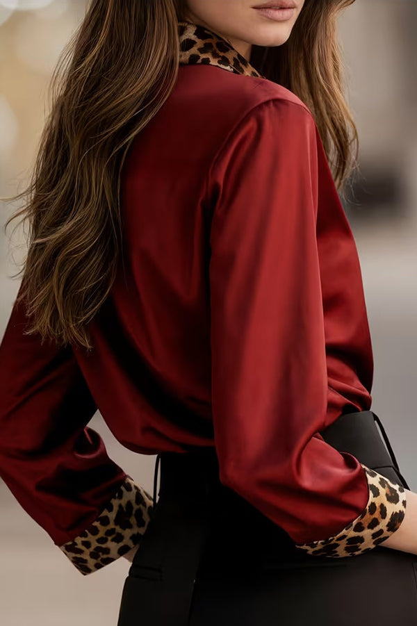 Satin Leopard Print Patchwork Casual Long-sleeved Shirt