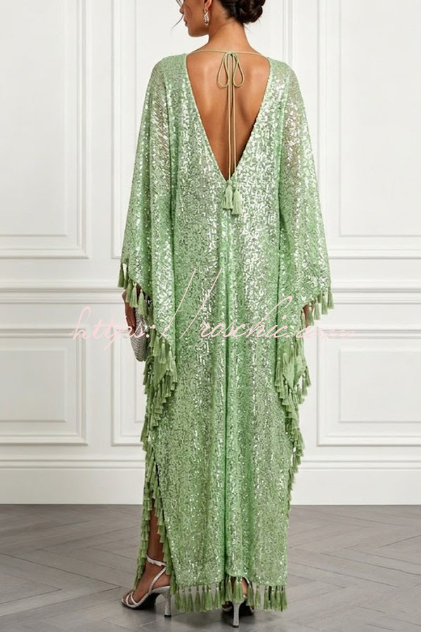 Gianna Sequin Deep V-neck Batwing Sleeve Fringed Trim Slit Gown Maxi Dress