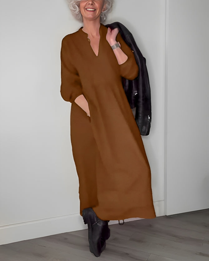 Ladies Long Dress with V-Neck and Long Sleeves