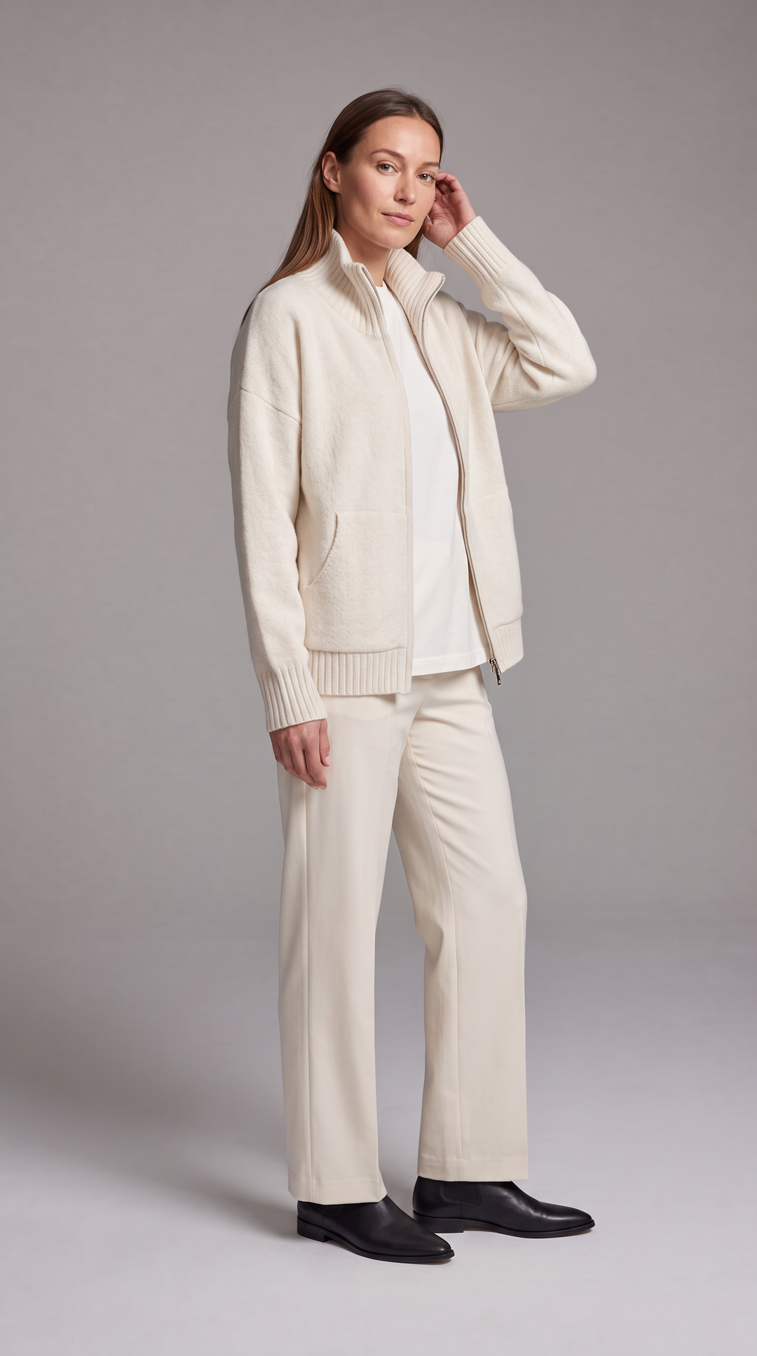 Cream High Neck Zip Cardigan