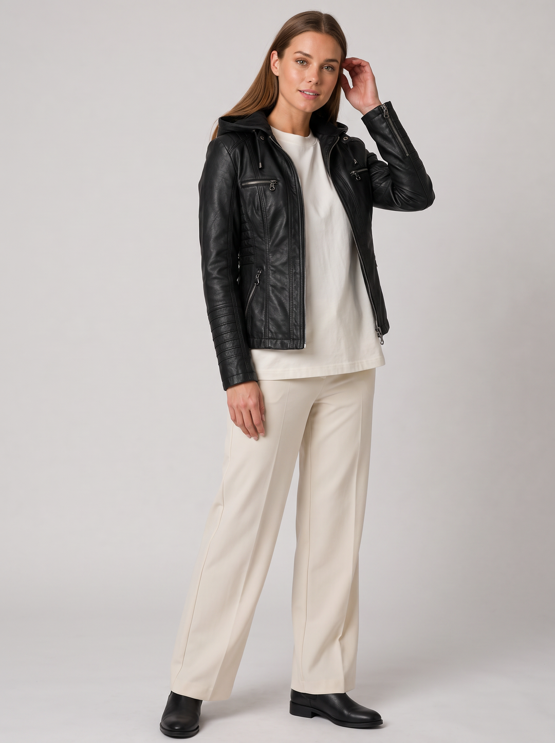 Faux Leather Hooded Zip Up Jacket