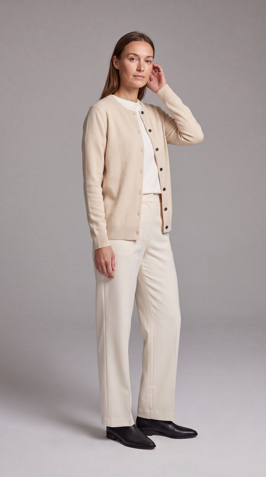 Beige Ribbed Cardigan Office Style