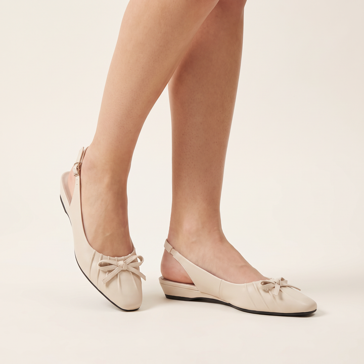 Beige Bow Slingback Kitten Heels