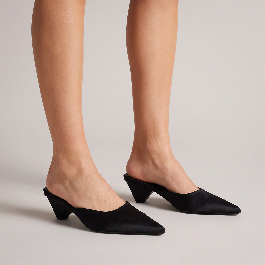 Black Pointed Toe Kitten Heel Mules
