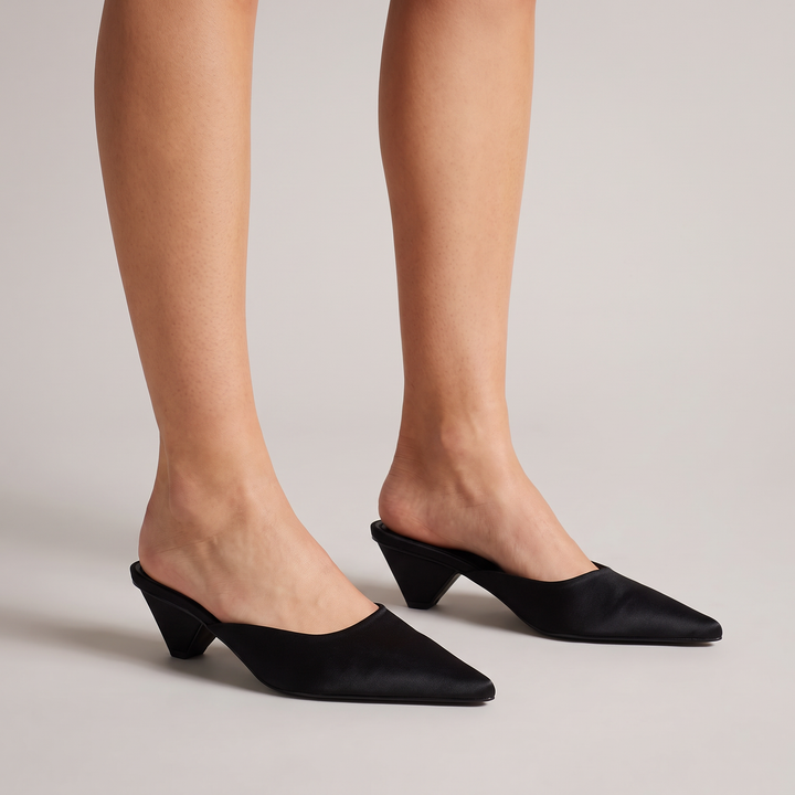 Black Pointed Toe Kitten Heel Mules