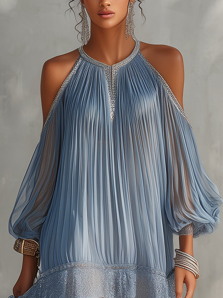 Celeste | Blue Mini Dress with Off-the-Shoulder Design, Ruffled Hem and Lace Trim