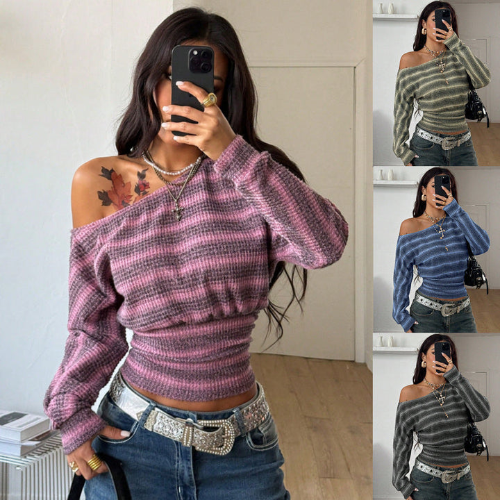 Striped women's top with high collar - Soft and simple
